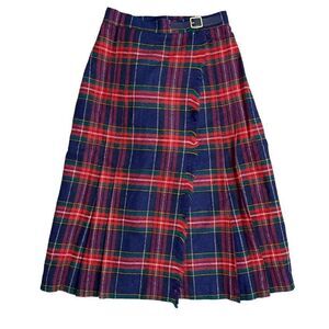 Vintage Wool Midi Wrap Skirt S Blue Red Plaid Pleated Buckle Academia Preppy